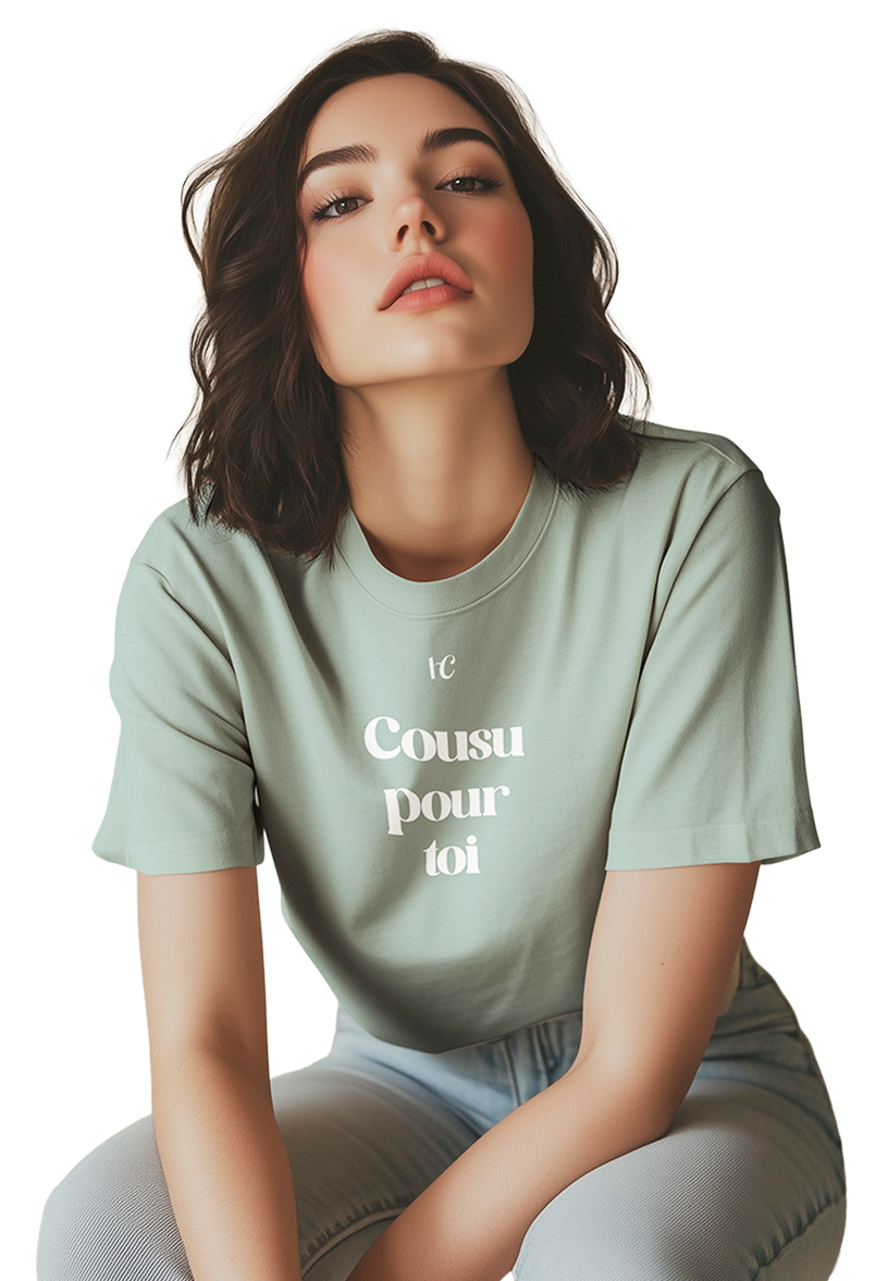 Jeune femme brune avec t-shirt vert avec flocage cousu pour toi