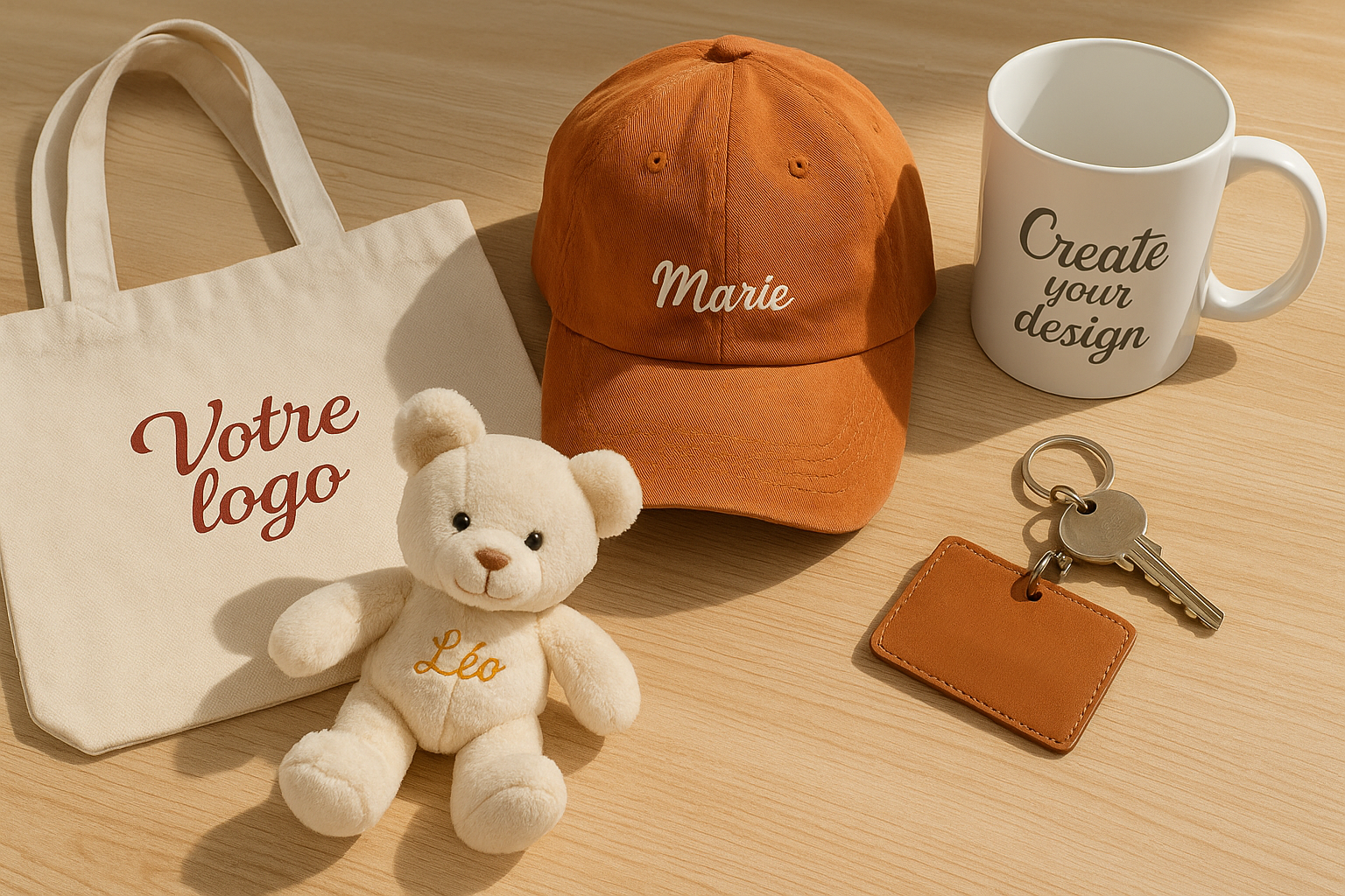 Différents accessoires personnalisables dont un tote bag, casquette, peluche, mug.